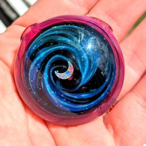 Big Z Pink Galaxy Moon Color Swirl Glass Space Pendant 1.75" Round 2021 Signed